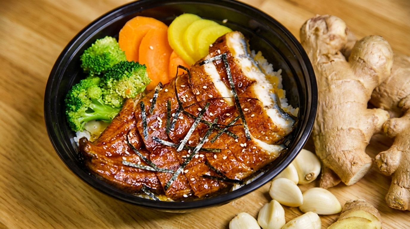 Unagi donburi with glazed eel, broccoli, pickled carrots, and daikon, next to ginger and garlic.