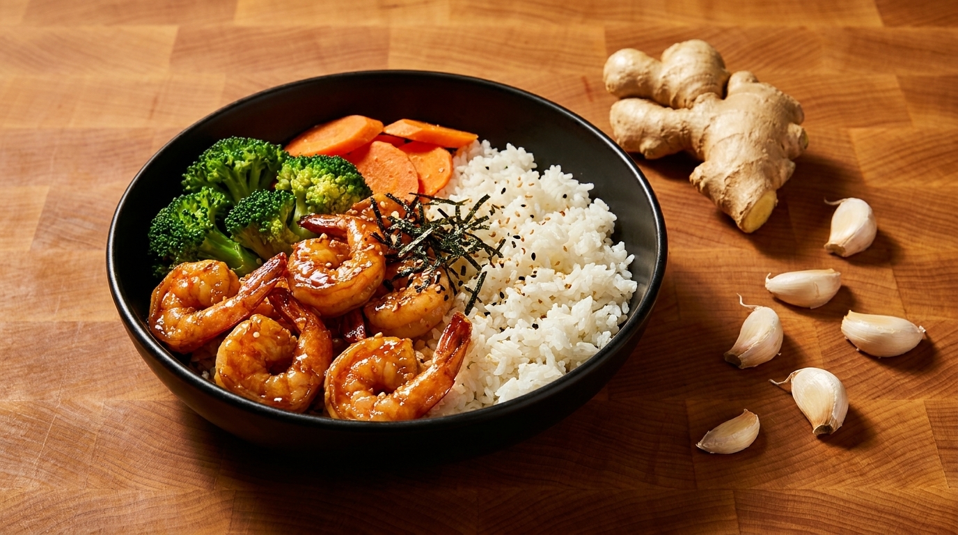 A black bowl of shrimp, rice, broccoli, and carrots, with ginger and garlic on a wooden table.