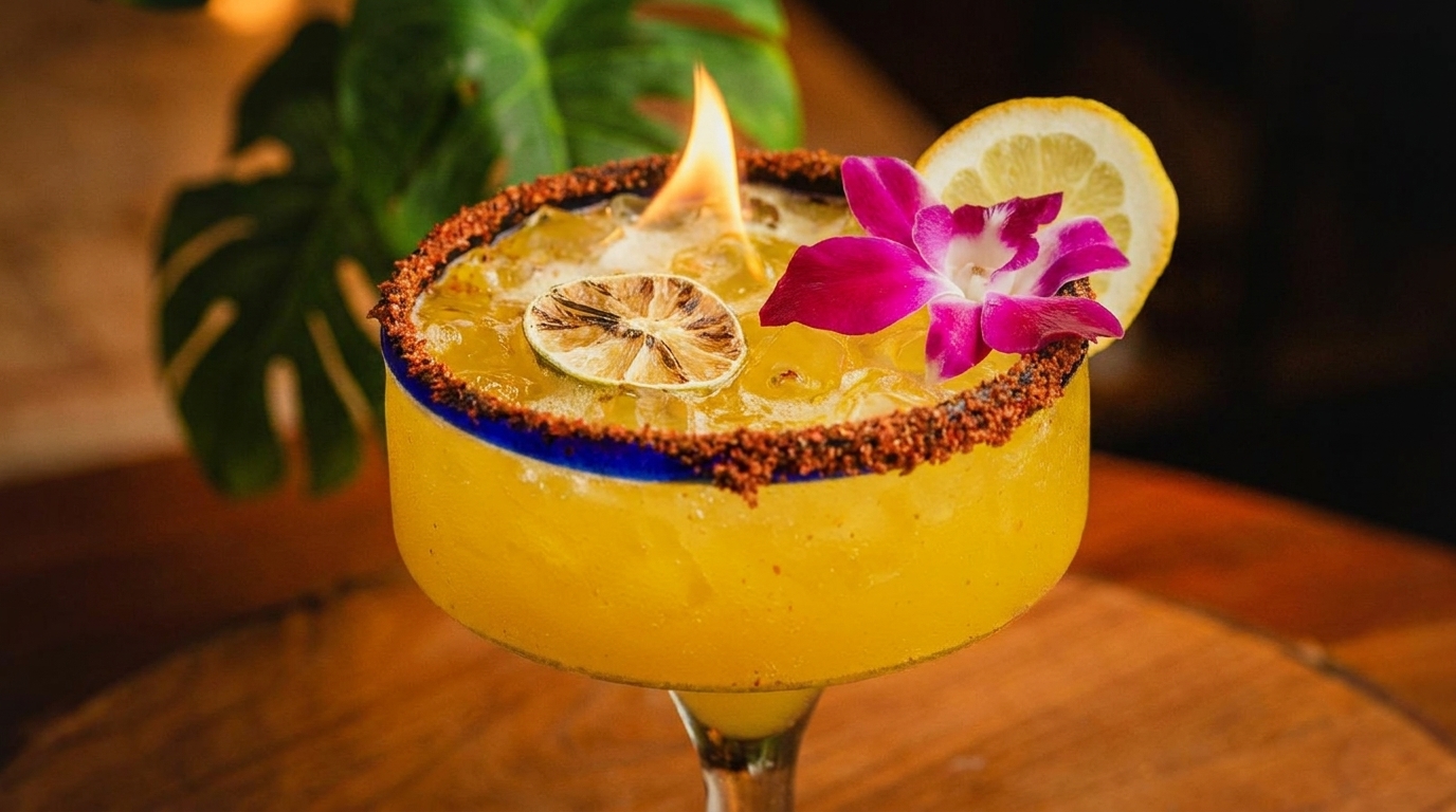 A vibrant yellow margarita with a flaming lime, chili-salted rim, lemon slice, and pink orchid.