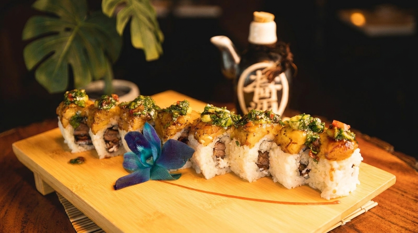 Sushi rolls with beef, pineapple, and green sauce, garnished with a blue orchid on a wooden board.