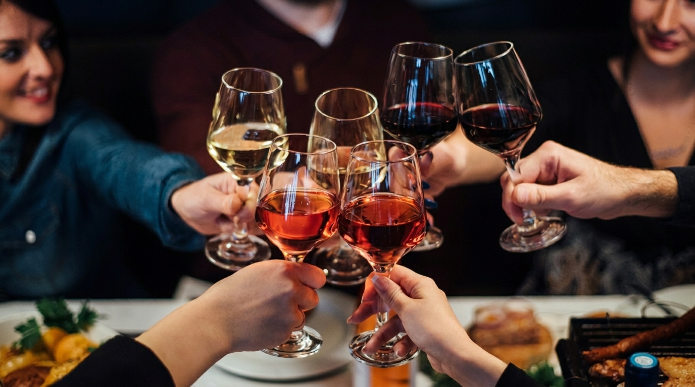 Friends toasting with various glasses of red, white, and rosé wine at a dinner party.