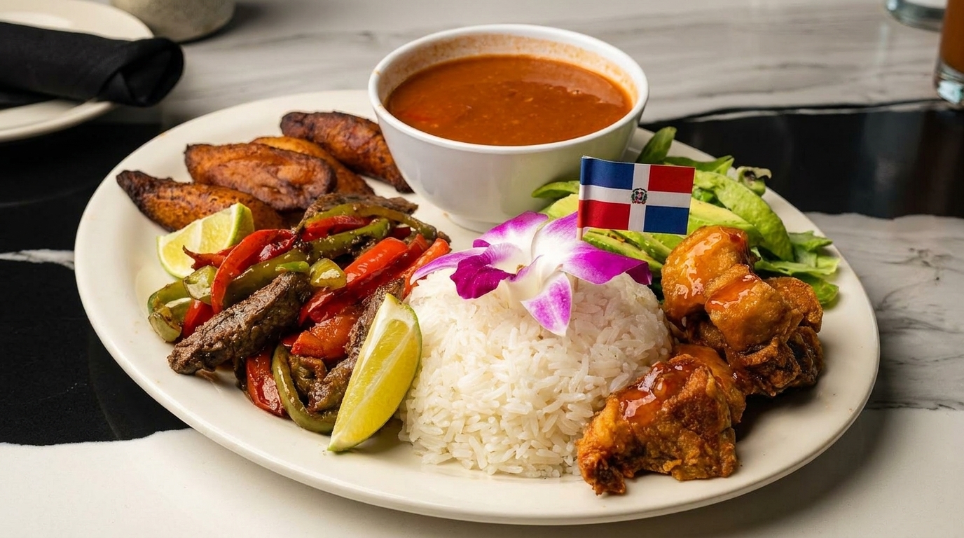 Dominican platter with rice, stew, fried plantains, peppers, beef, chicken, and a Dominican flag.