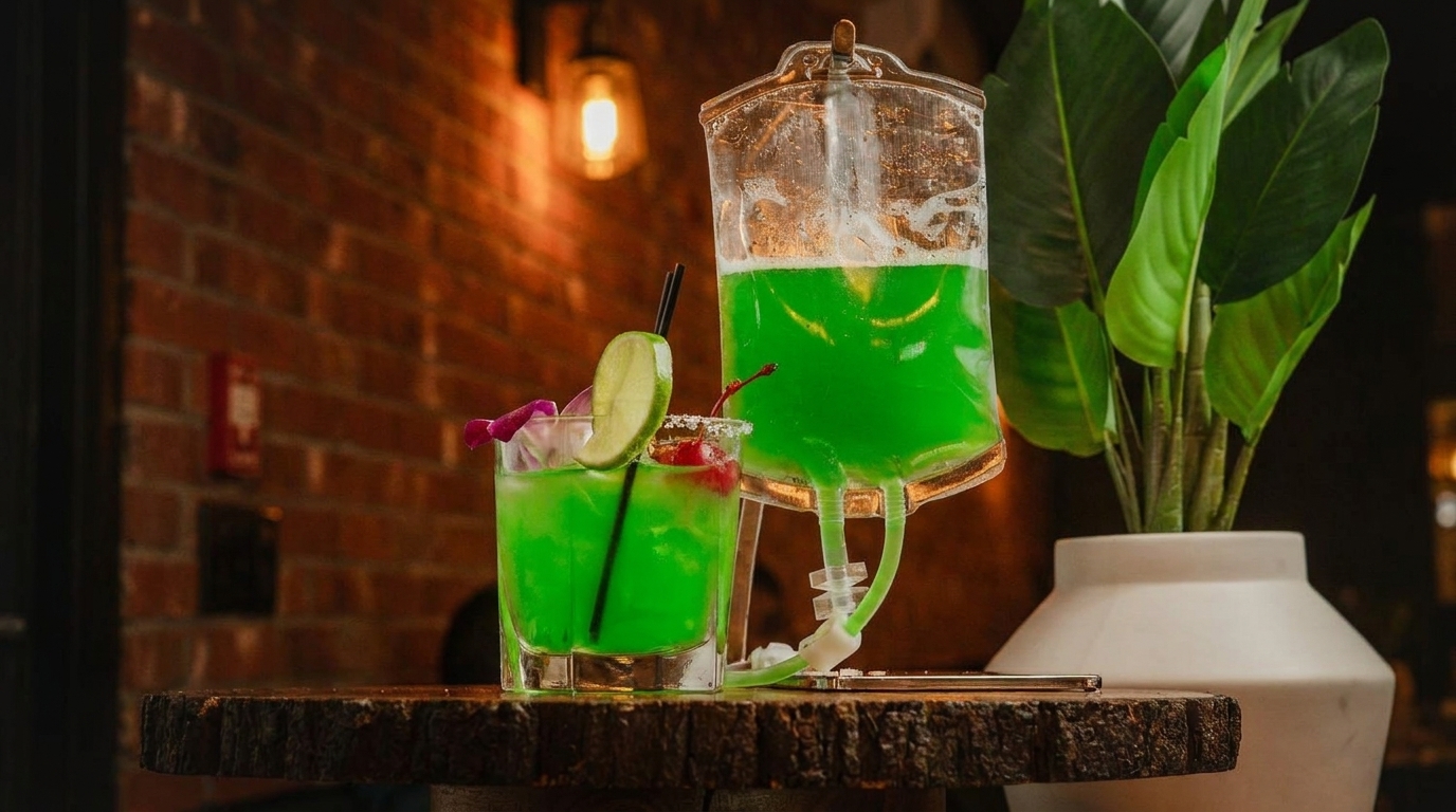 A green cocktail in a glass with a lime and flower, next to a large IV bag cocktail.