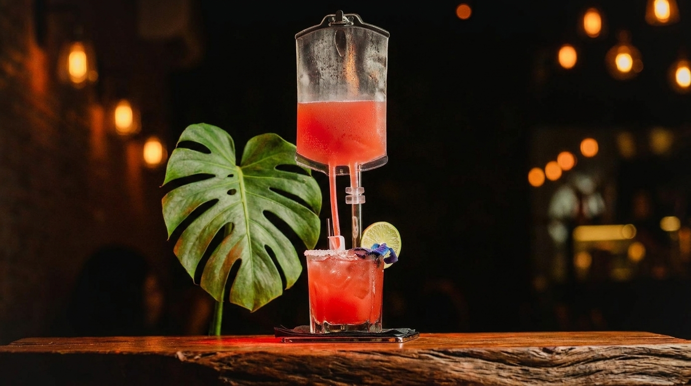 A red cocktail in an IV bag dispenser pouring into a glass with lime and flower garnish.