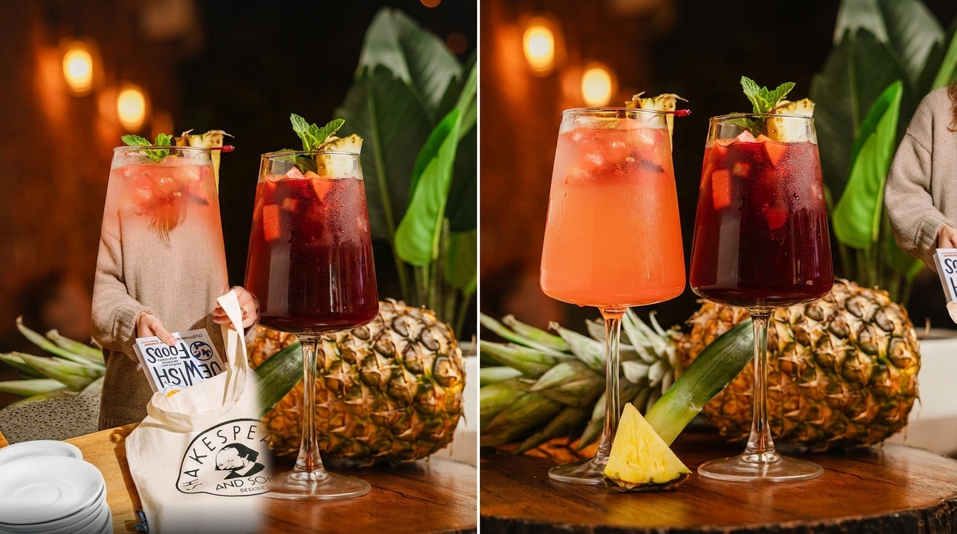 Two cocktails, one red and one orange, garnished with pineapple and mint, on a wooden table.