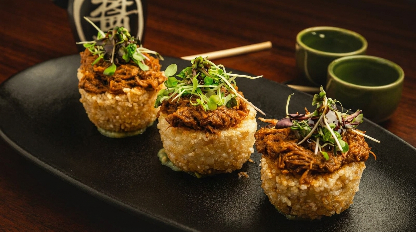 Three crispy rice cakes topped with shredded meat and microgreens on a black plate.