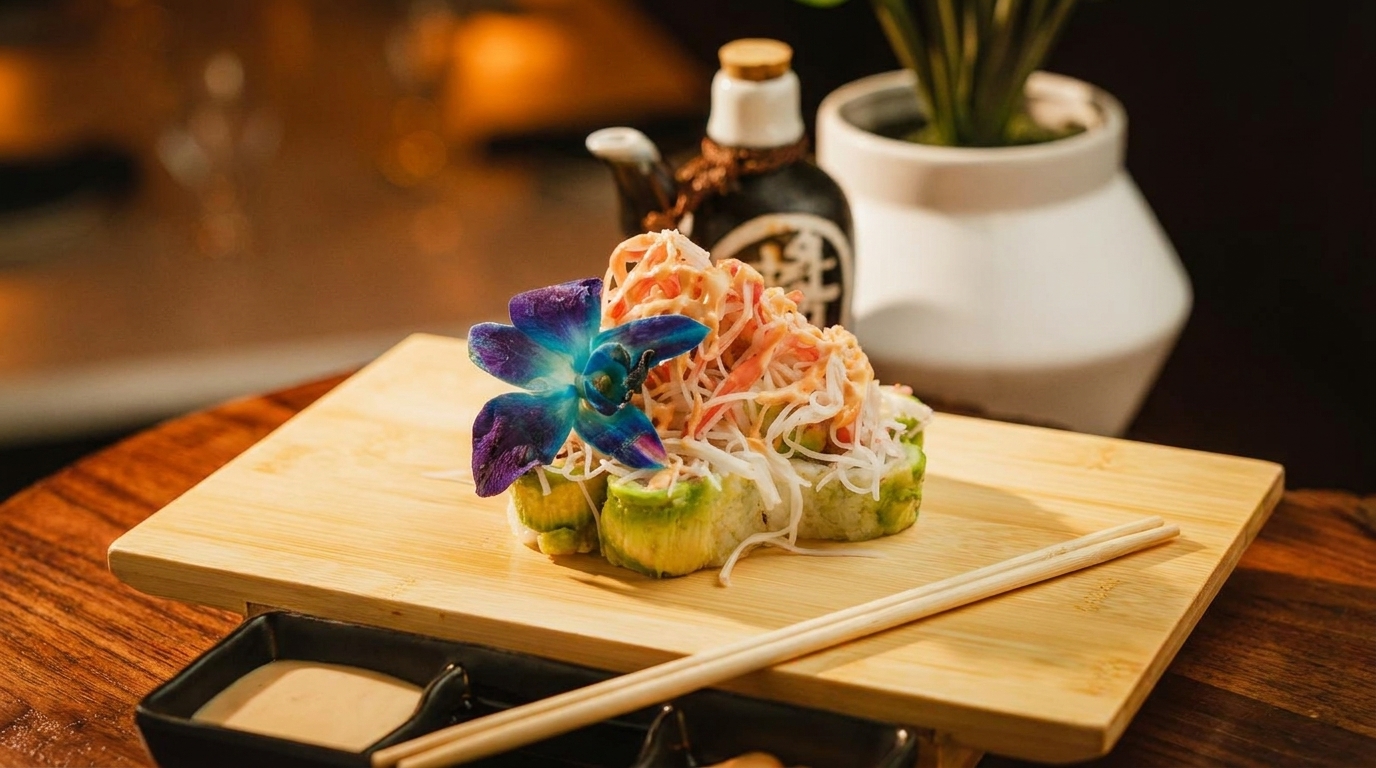 Sushi rolls topped with crab meat and sauce, garnished with a purple orchid on a wooden board.
