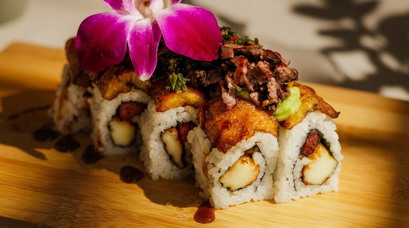 Sushi rolls topped with plantains, steak, and a purple orchid on a wooden board.