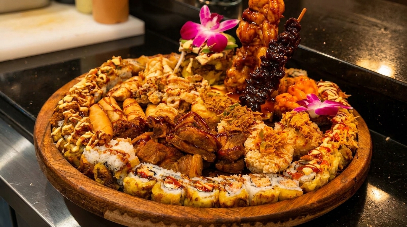 Large wooden platter filled with various sushi rolls, fried appetizers, and skewers, garnished with orchids.