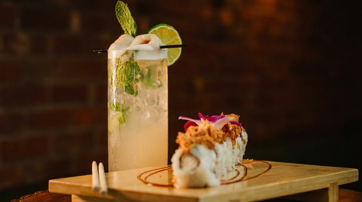 A tall glass of mojito with lime and mint, next to sushi rolls on a wooden board.