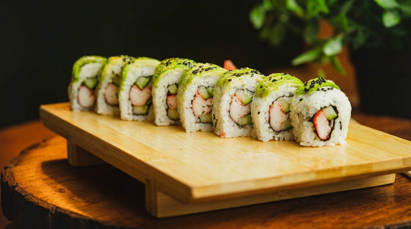 A row of California sushi rolls with avocado, crab, and cucumber on a wooden serving board.