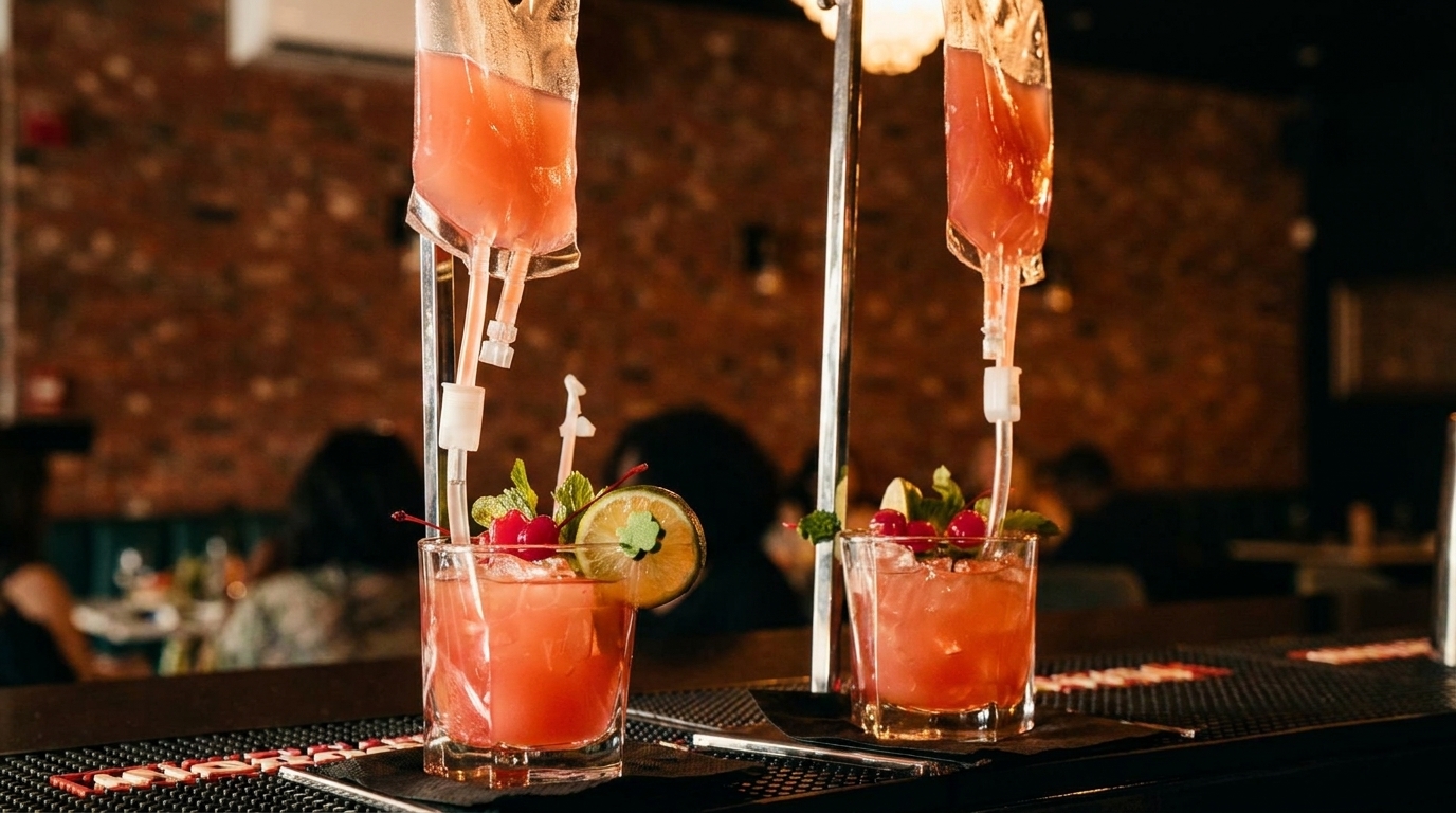 Two pink cocktails with IV drip bags and garnishes on a bar with a brick wall background.