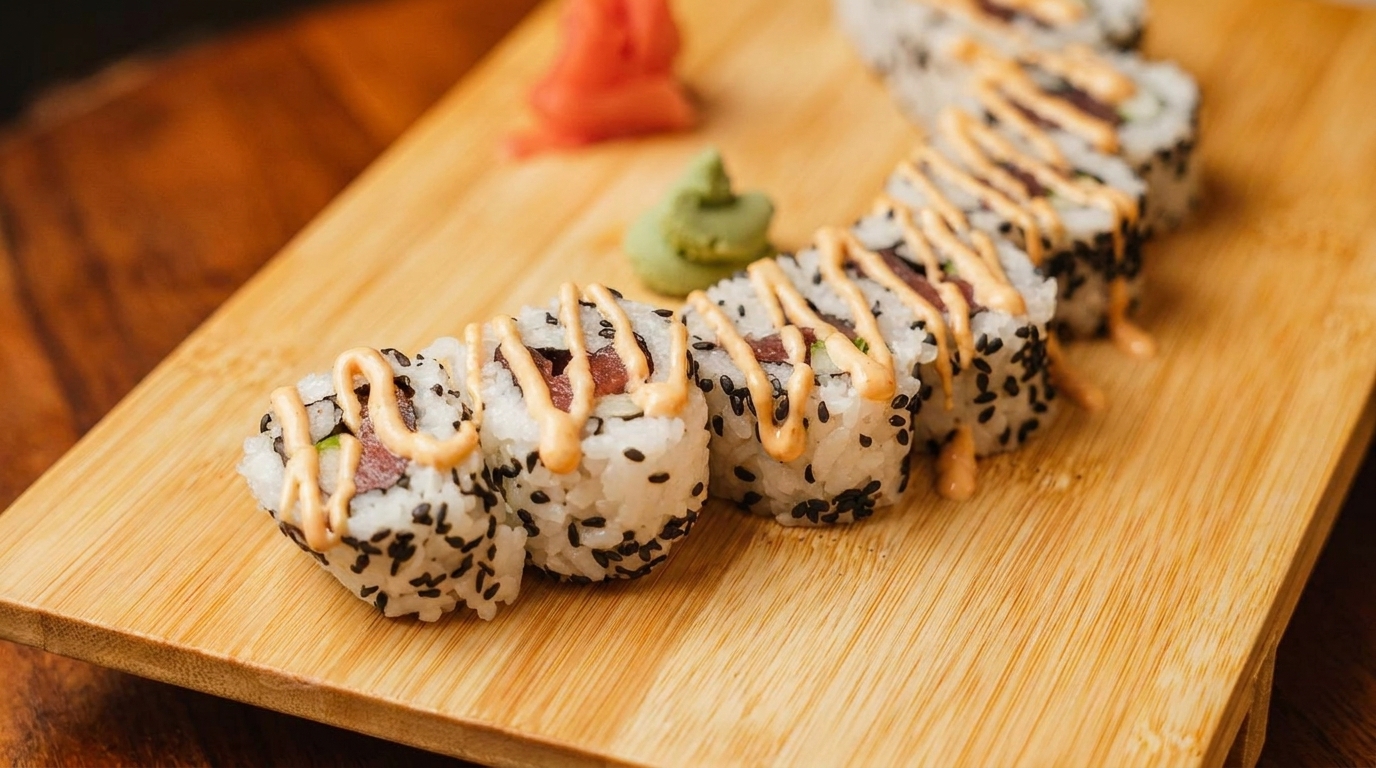 Sushi rolls with sesame seeds and spicy mayo drizzle, served with wasabi and ginger on a wooden board.