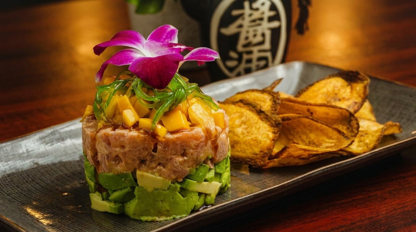 Tuna tartare with avocado, mango, seaweed, and an orchid, served with crispy chips.