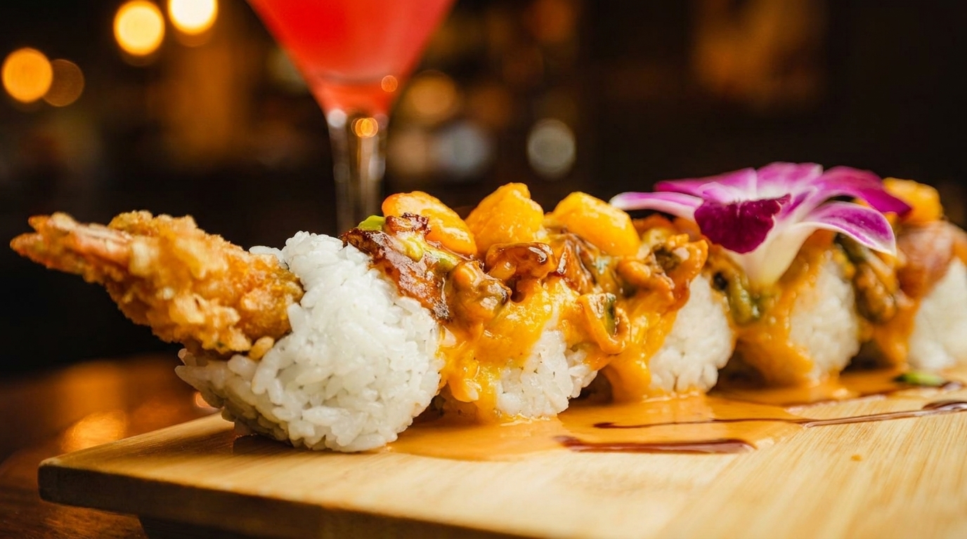 Sushi roll with tempura shrimp, mango, sauce, and an orchid on a wooden board.