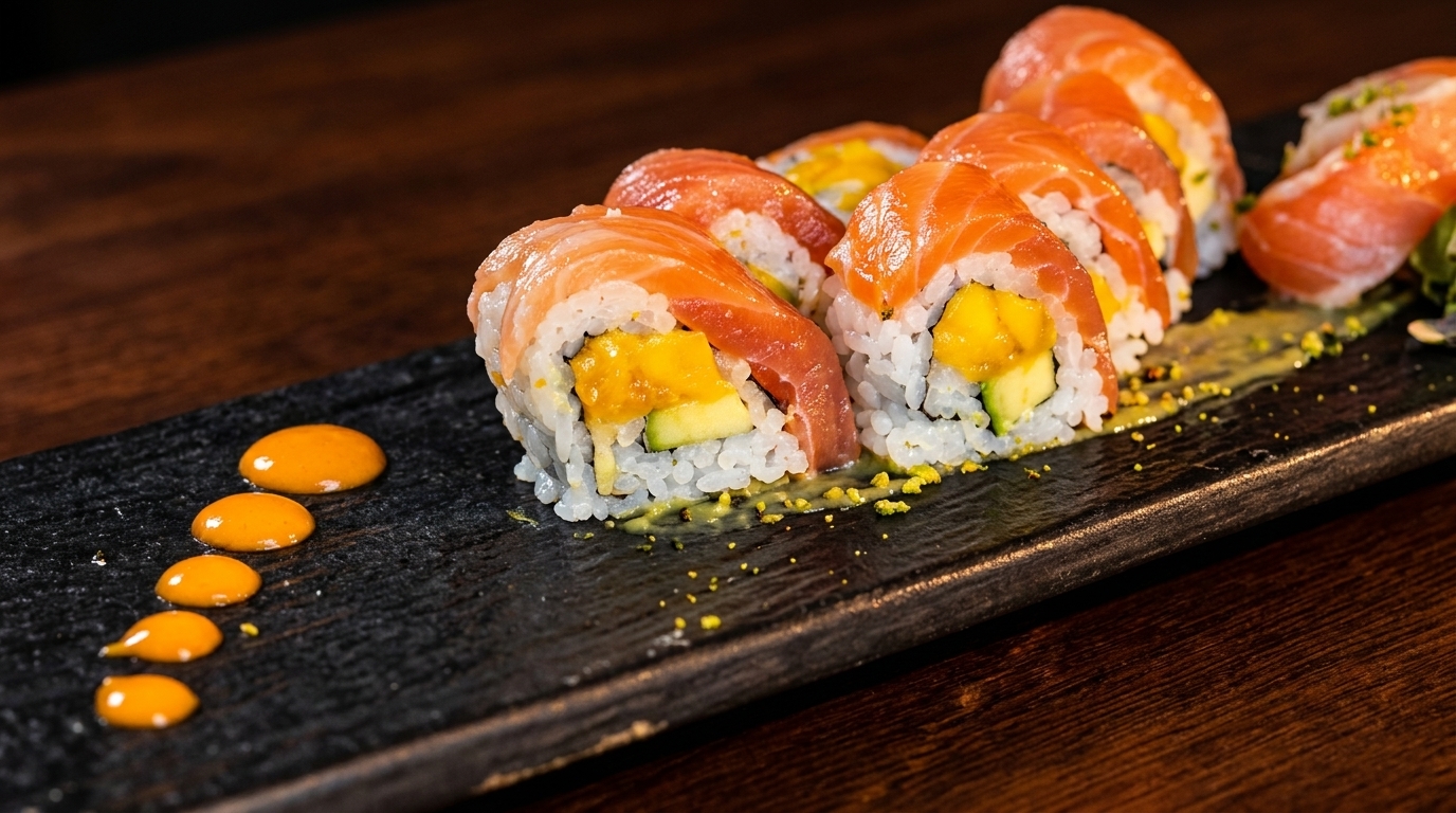 Salmon sushi rolls with mango and avocado, garnished with orange sauce on a dark plate.