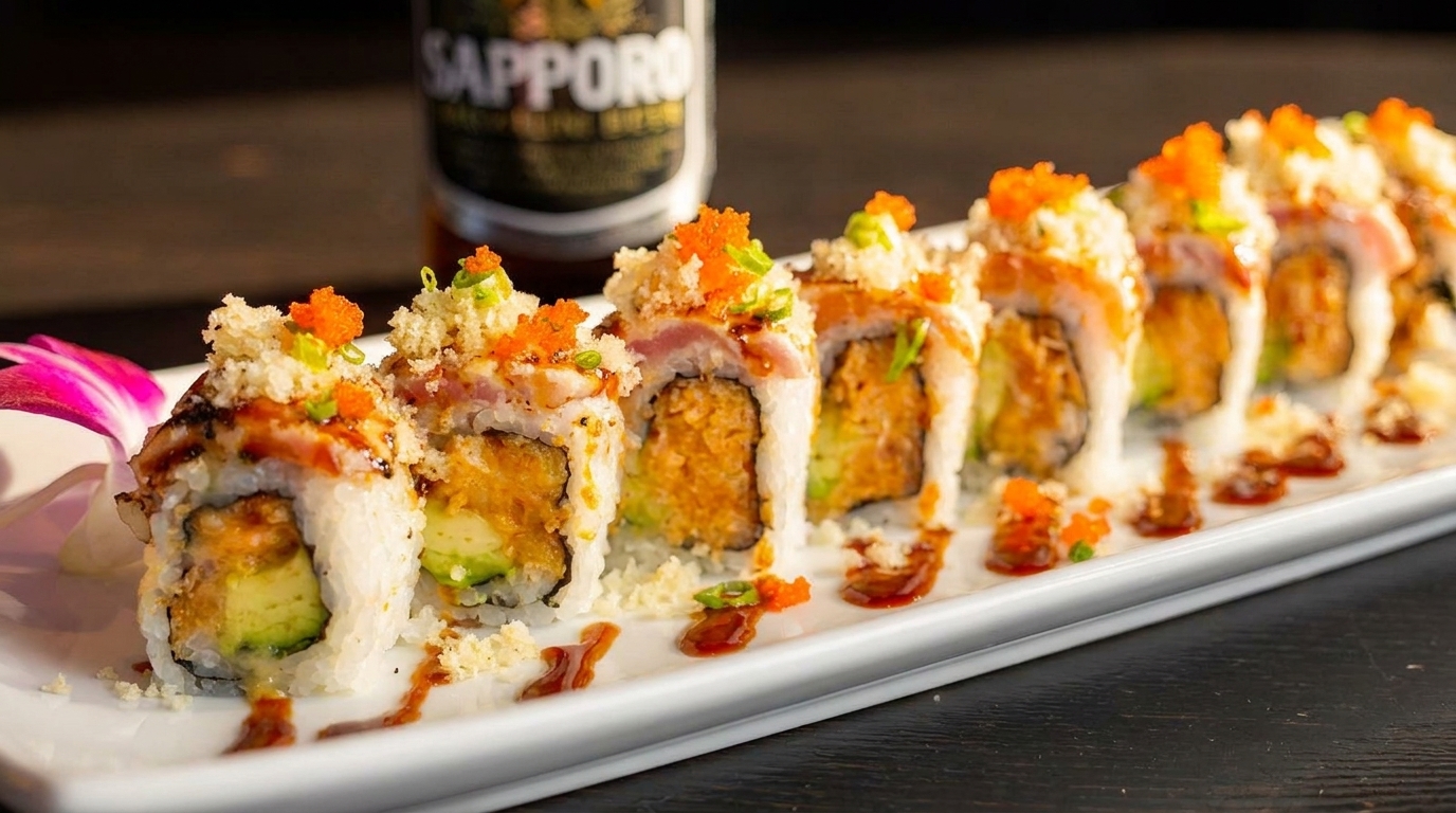 Sushi rolls with avocado, tempura flakes, roe, and sauce, with a Sapporo beer bottle in the background.