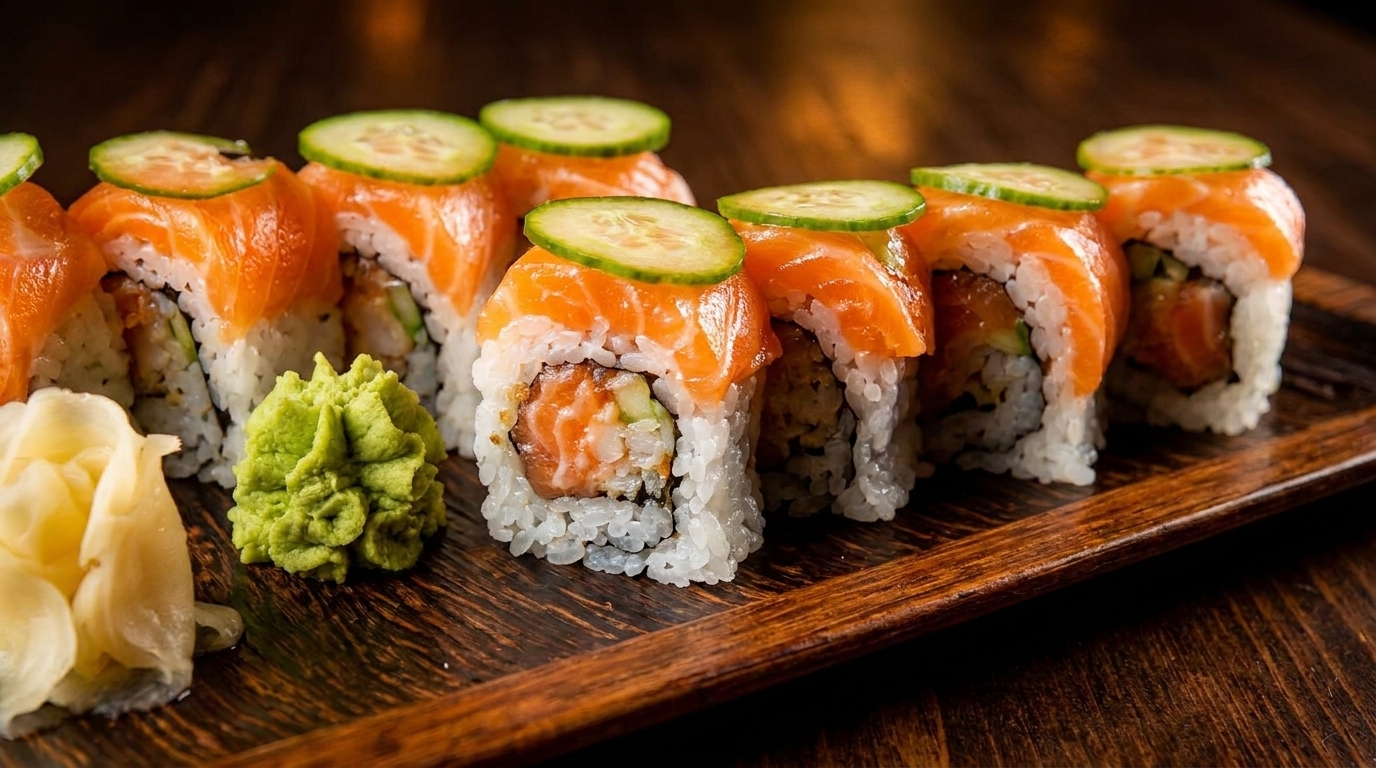 Salmon sushi rolls with cucumber, wasabi, and ginger on a dark wooden tray.