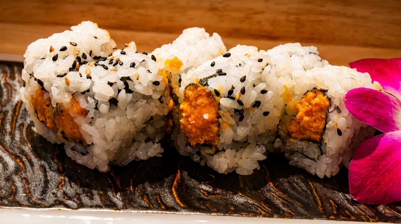 Sushi rolls with orange filling and black sesame seeds, garnished with a pink orchid.