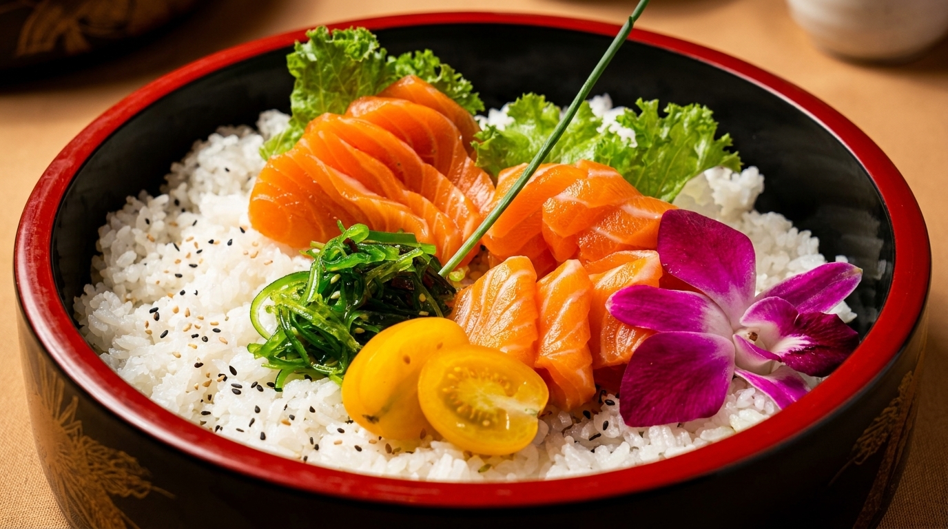 A black and red bowl filled with salmon sashimi, rice, seaweed salad, and a purple orchid.