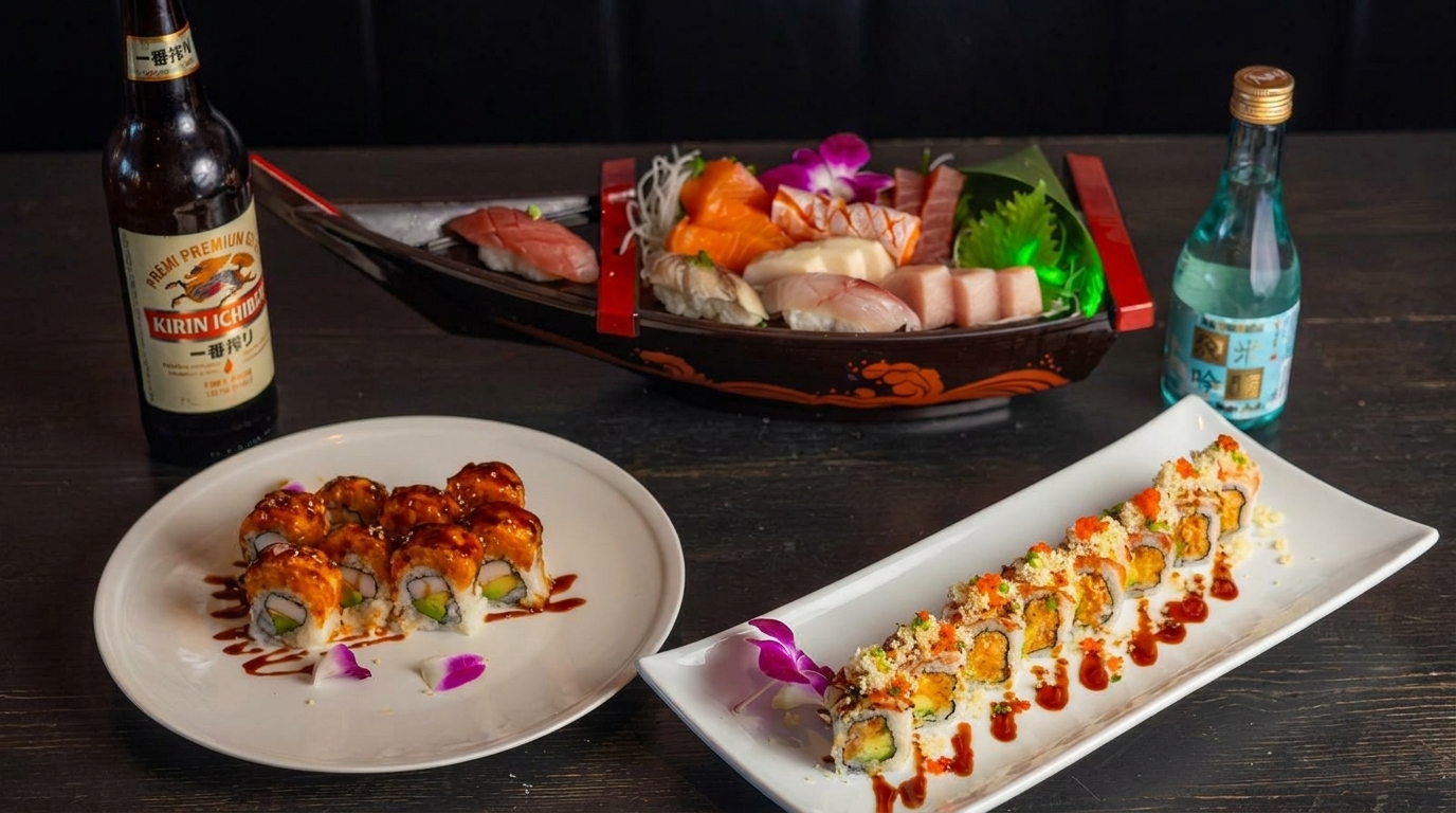 A sushi boat with various sashimi and nigiri, two plates of sushi rolls, a beer, and sake.
