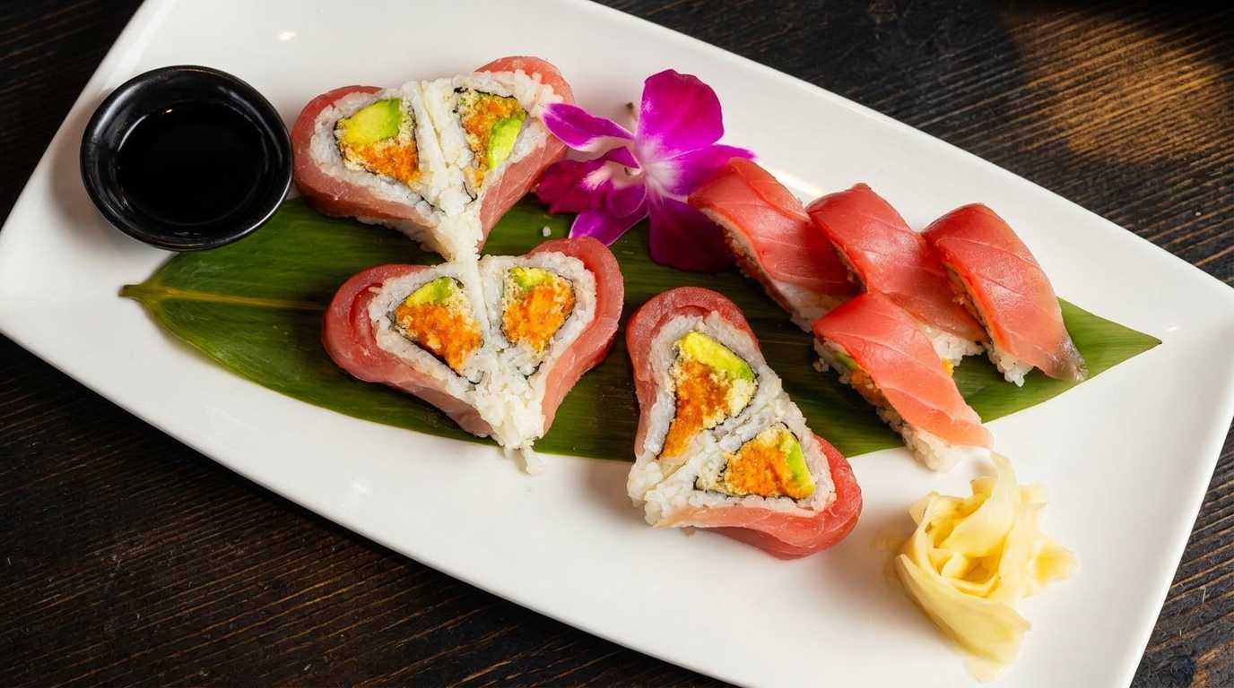 Heart-shaped sushi rolls with tuna, avocado, and spicy filling, alongside tuna nigiri and ginger.