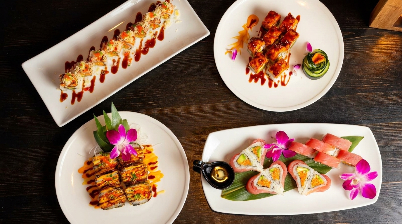Four plates of beautifully arranged sushi rolls, some with orchids, on a dark wooden table.