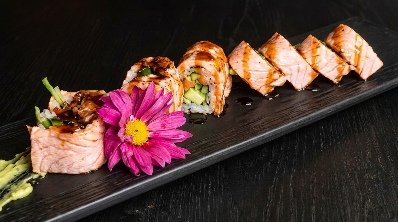 Salmon sushi rolls with a pink flower and wasabi on a dark wooden board.