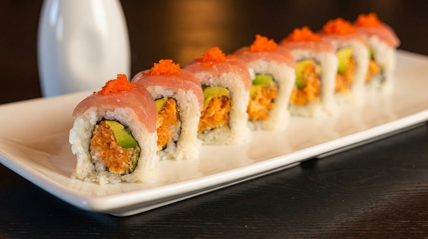 A row of sushi rolls with tuna, avocado, and spicy filling, topped with orange roe.