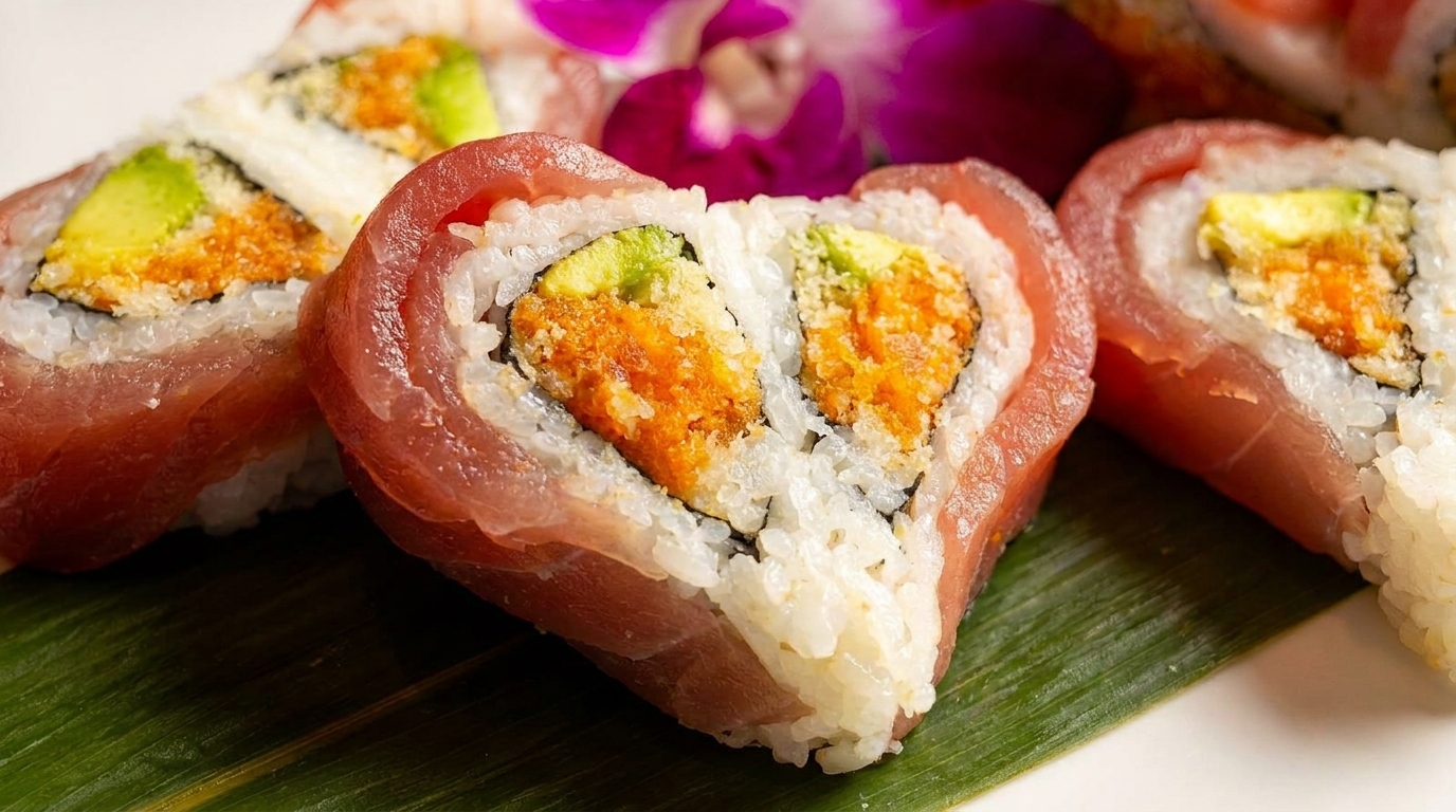 Heart-shaped sushi rolls with tuna, avocado, and spicy filling on a banana leaf.