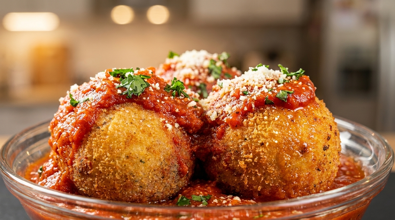 Three golden-brown arancini balls covered in red marinara sauce, grated cheese, and fresh parsley.