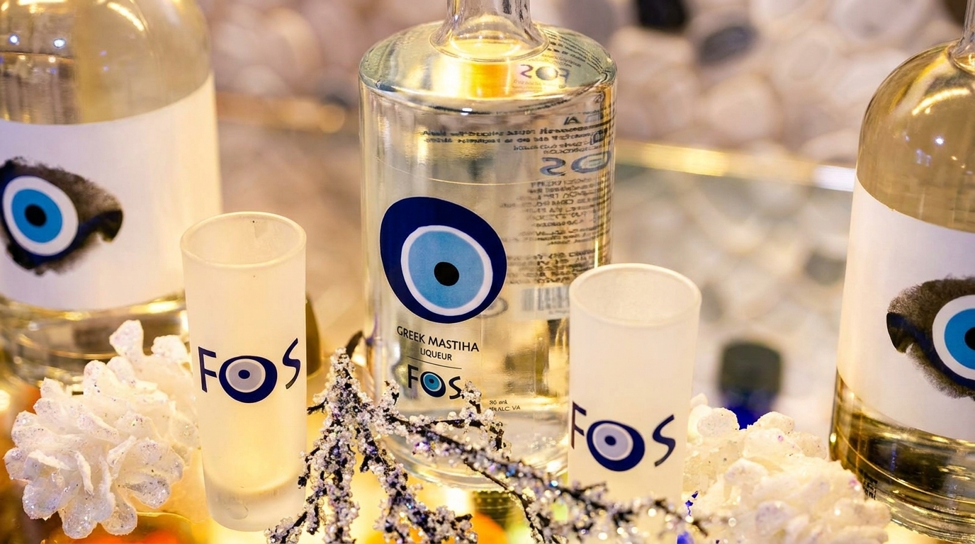 Bottles of Greek Mastiha Liqueur and shot glasses with the FOS evil eye logo.