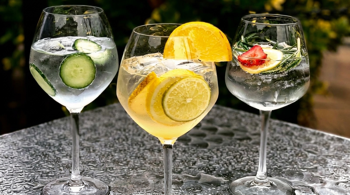 Three gin and tonic cocktails with various fruit and herb garnishes on a wet outdoor table.