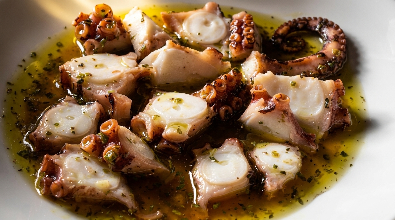 Close-up of grilled octopus pieces in olive oil with herbs on a white plate.
