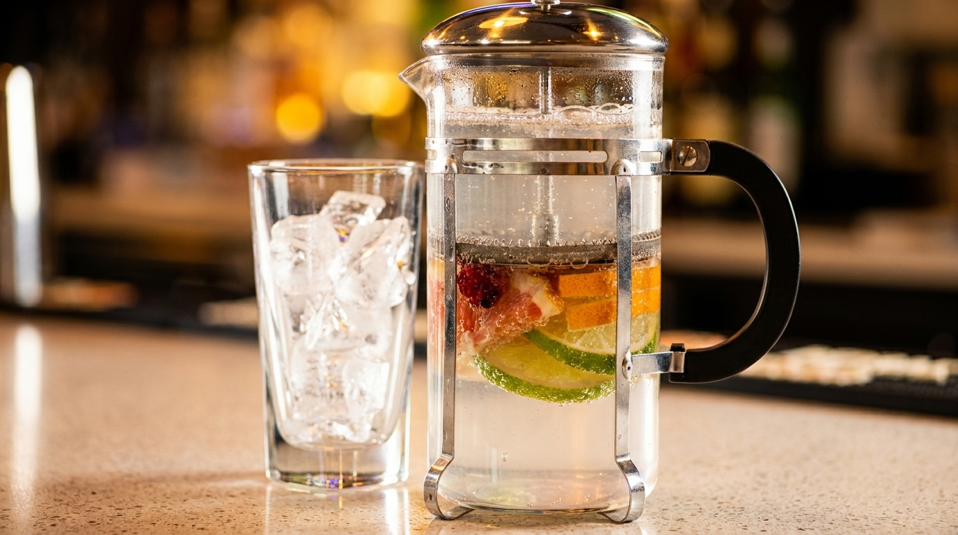 French press filled with fruit-infused water next to a glass of ice on a bar.