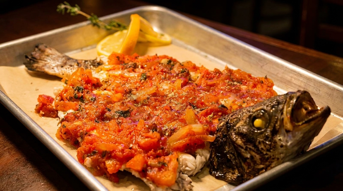 Whole roasted fish topped with tomato salsa, served on a metal tray with lemon slices and herbs.