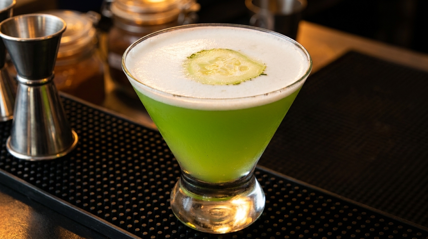 Vibrant green cocktail with a foamy top and cucumber slice, next to a metal jigger.