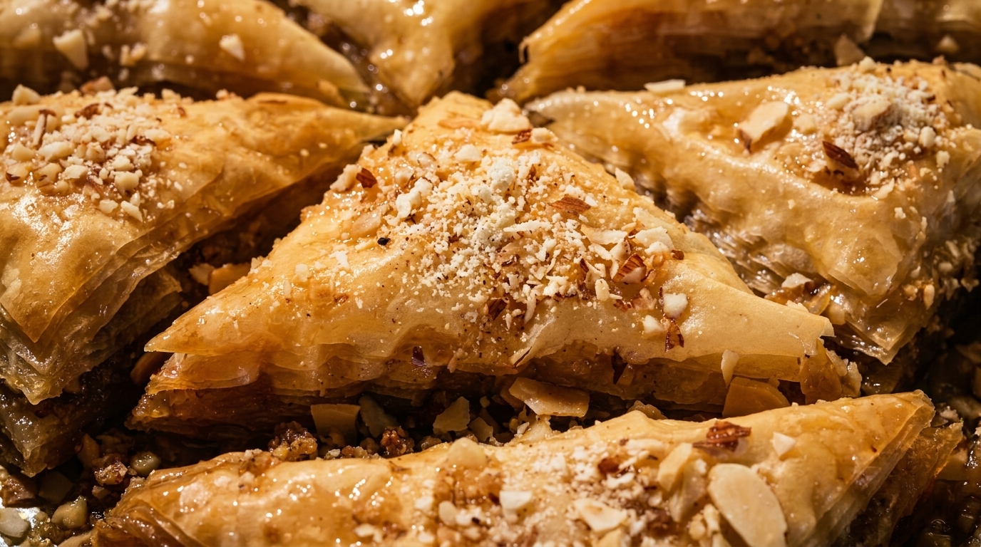 Close-up of golden, triangular baklava pastries, drizzled with syrup and topped with chopped nuts.