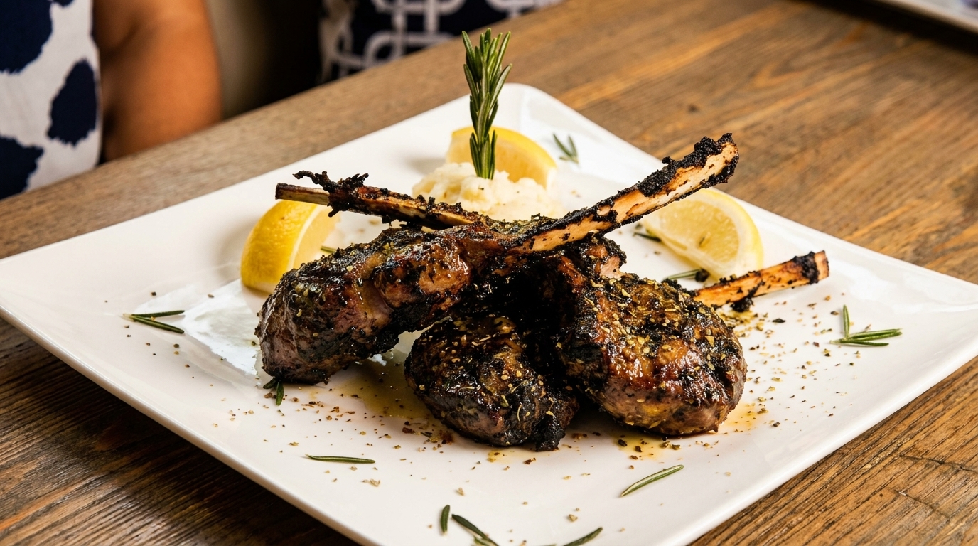 Grilled lamb chops with rosemary, lemon, and mashed potatoes on a white rectangular plate.