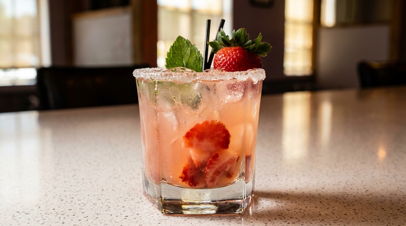 Strawberry cocktail with mint and a sugared rim on a white speckled counter.