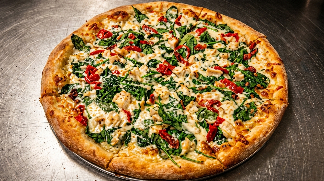 A whole chicken, spinach, and sun-dried tomato pizza on a metal surface.