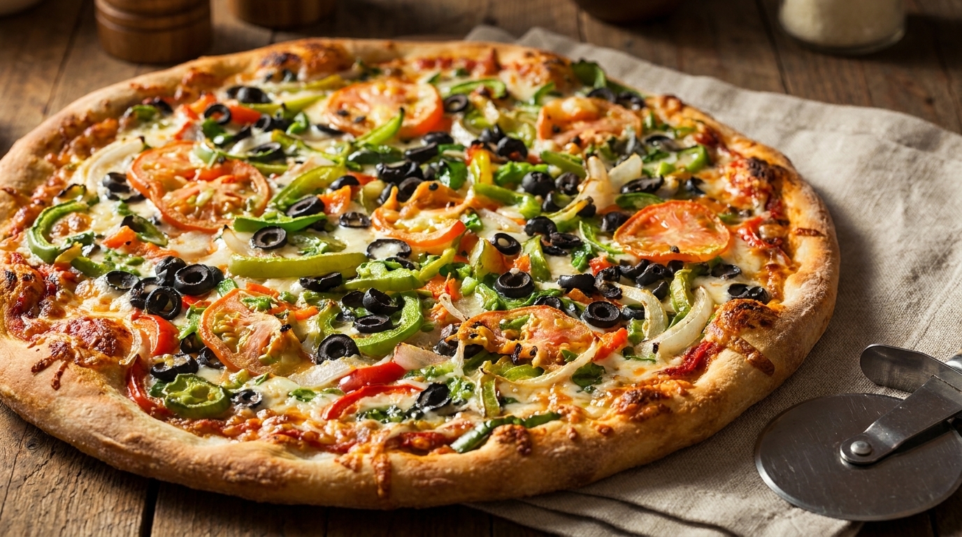 A whole vegetarian pizza with tomatoes, olives, onions, and peppers on a wooden table.