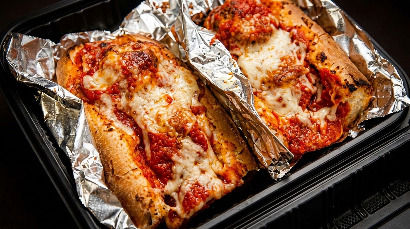 Two cheesy meatball subs with marinara sauce in foil, inside a black takeout container.