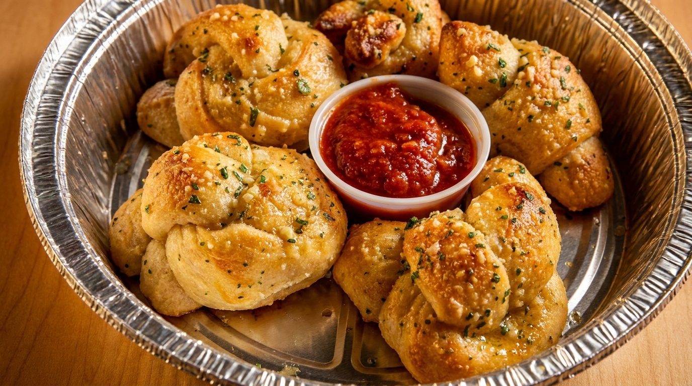 Golden brown garlic knots with parsley and parmesan cheese, served with marinara sauce in a foil pan.