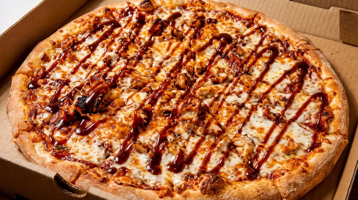 A whole BBQ chicken pizza with melted cheese and a drizzle of sauce in a cardboard box.