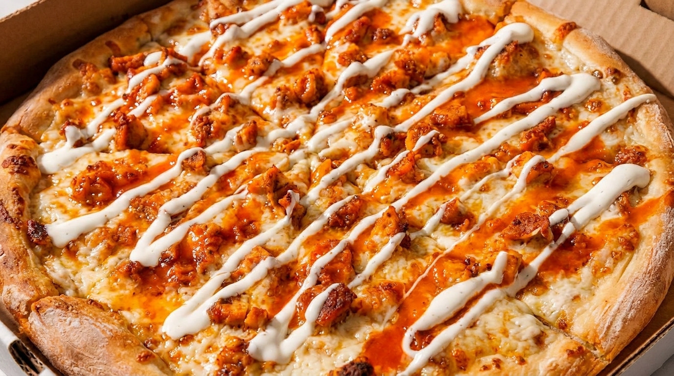 A buffalo chicken pizza with ranch drizzle, fresh from the oven in a pizza box.