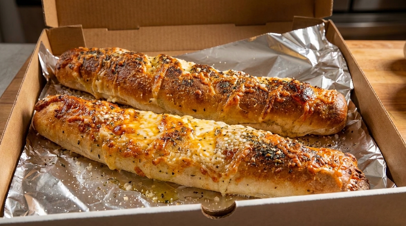 Two golden-brown cheesy breadsticks with herbs in a cardboard pizza box lined with foil.