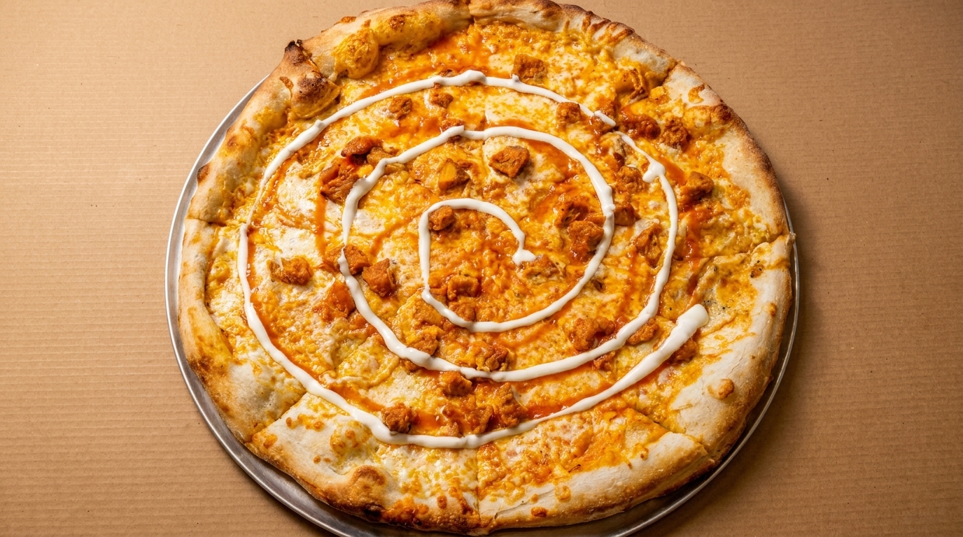 A whole buffalo chicken pizza with a spiral of white sauce on a metal tray.