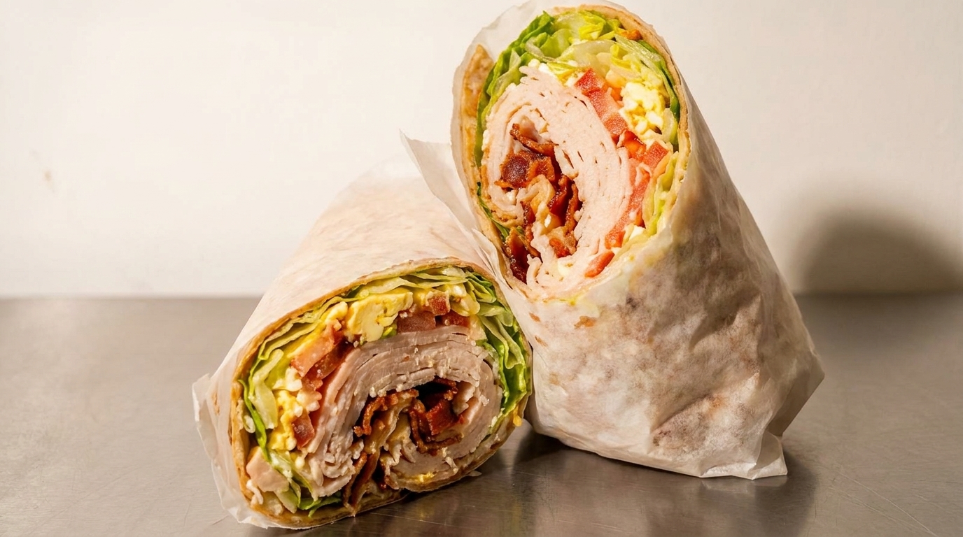 Two large wraps, cut in half, revealing turkey, bacon, lettuce, tomato, and egg.