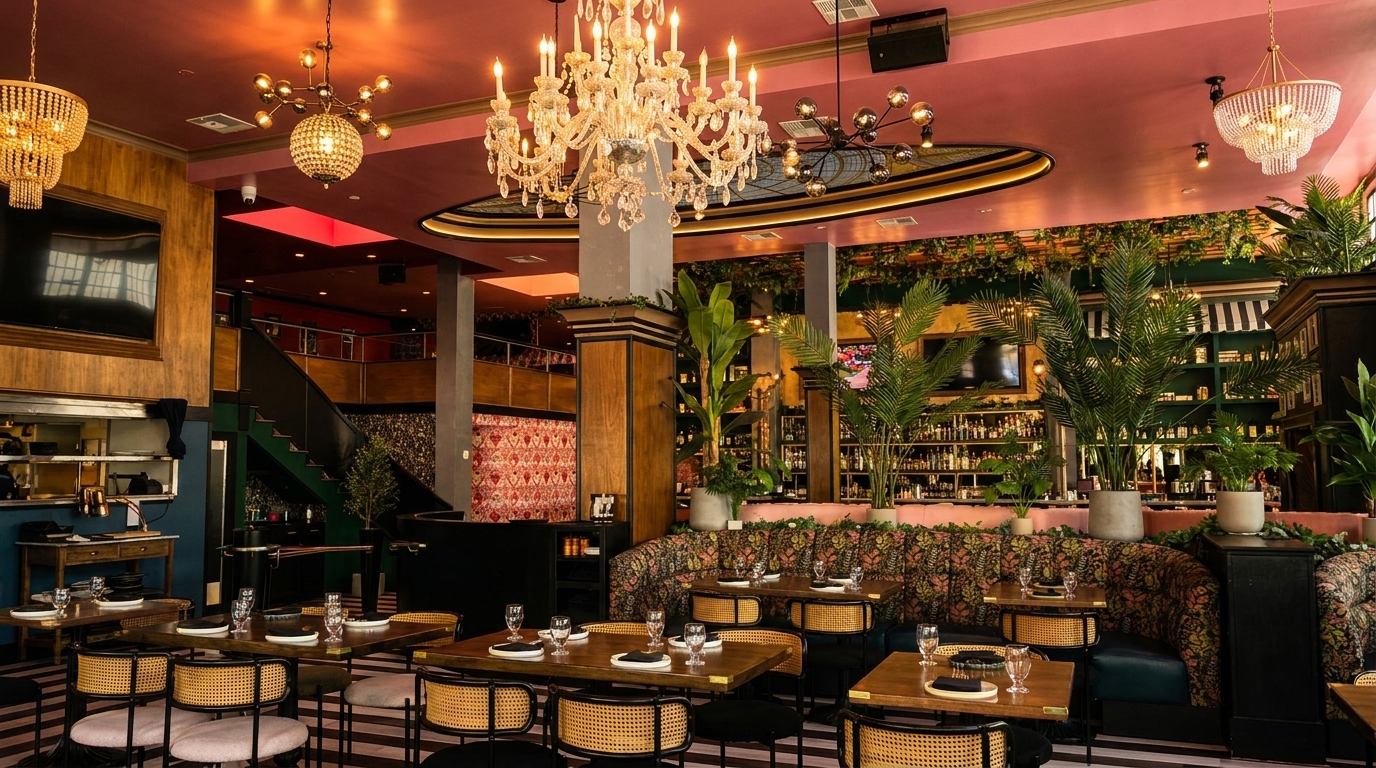 A vibrant restaurant interior with ornate chandeliers, patterned banquettes, and lush green plants.